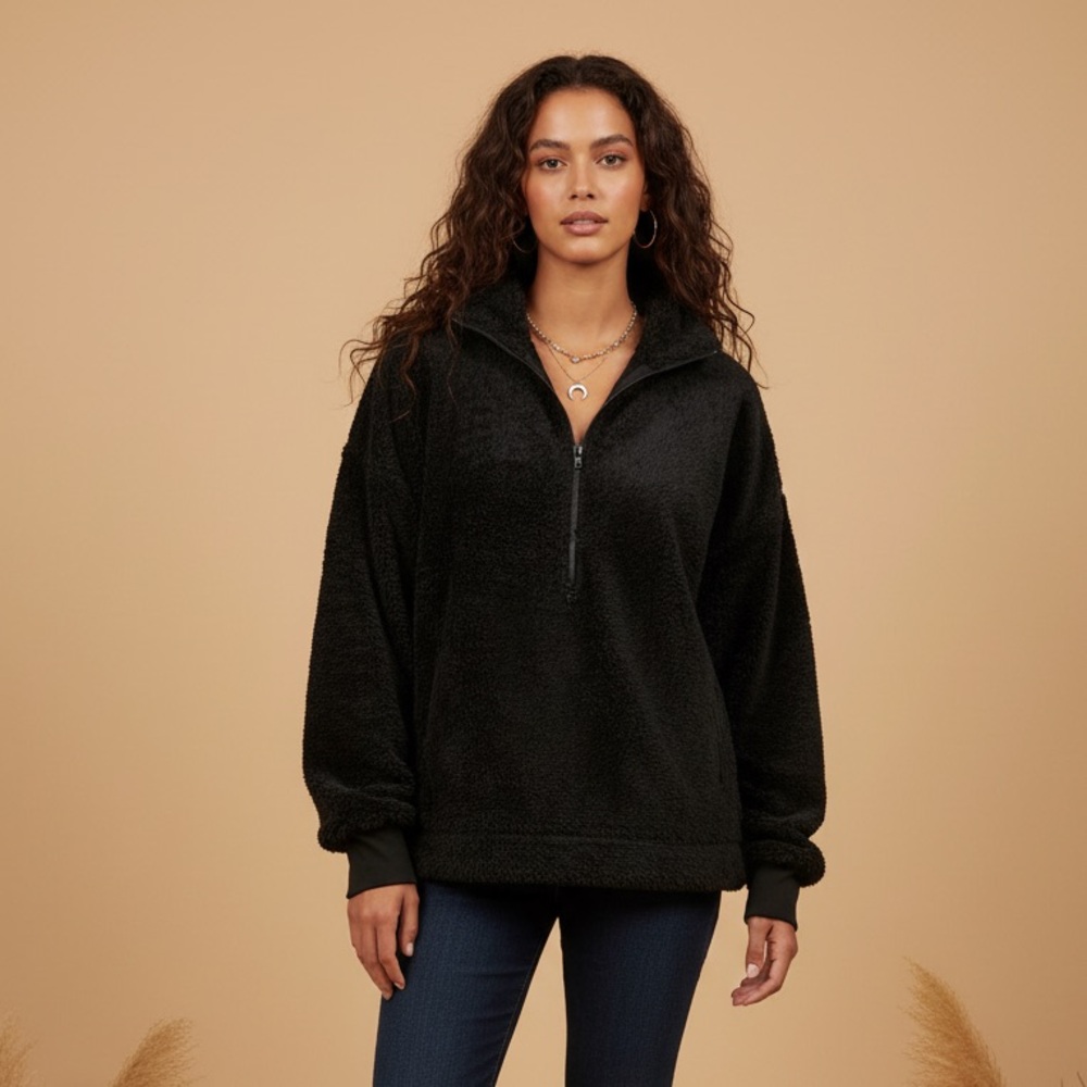 LuLaRoe Nancy Half Zip Pullover with Side Pockets • Solid Black
